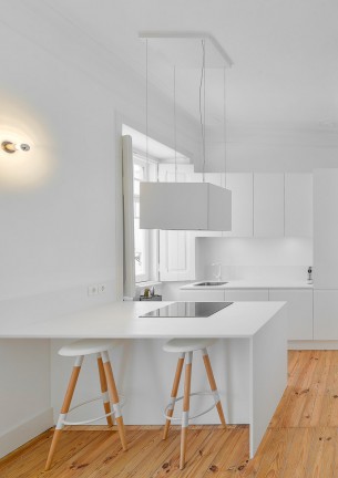 White Minimalist Open Kitchen with Wood Floor