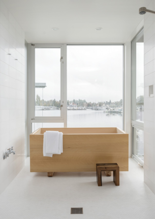 Minimalist Bathroom with Wooden Bathtub